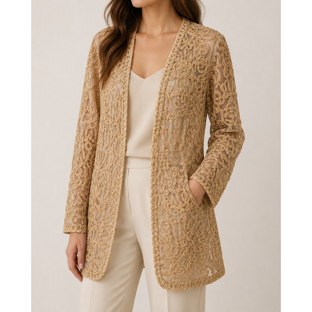 Chicos Tan Soutache Mesh Open Front Cardigan Longline Topper Jacket Womens Sz 1